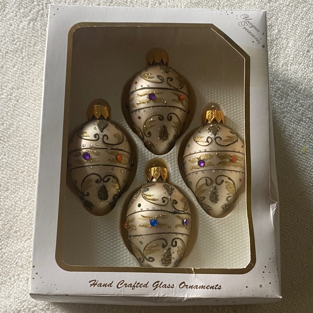 Vintage Hand Crafted Glass Ornaments - Champagne Gold Holiday Set